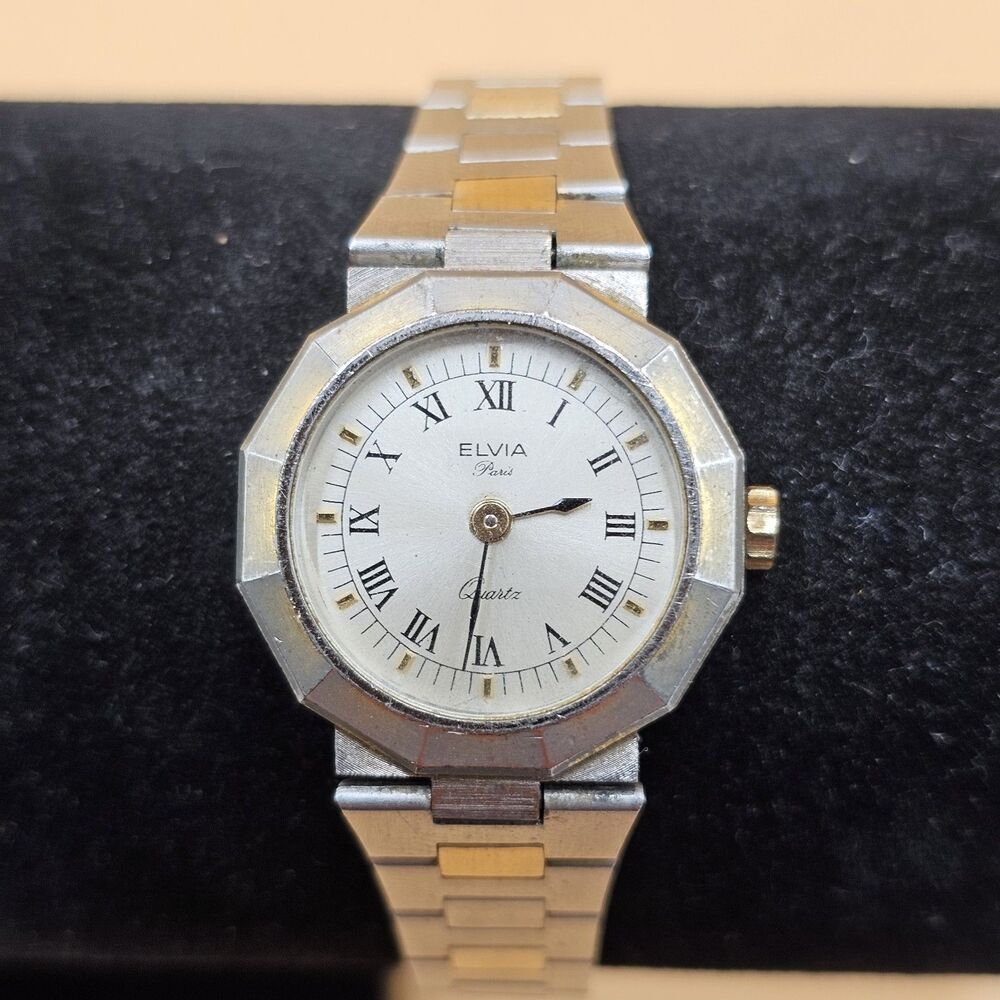 Vintage 80s Elvia Paris Ladies Quartz Watch Two Tone Octagon Bezel Roman Numeral